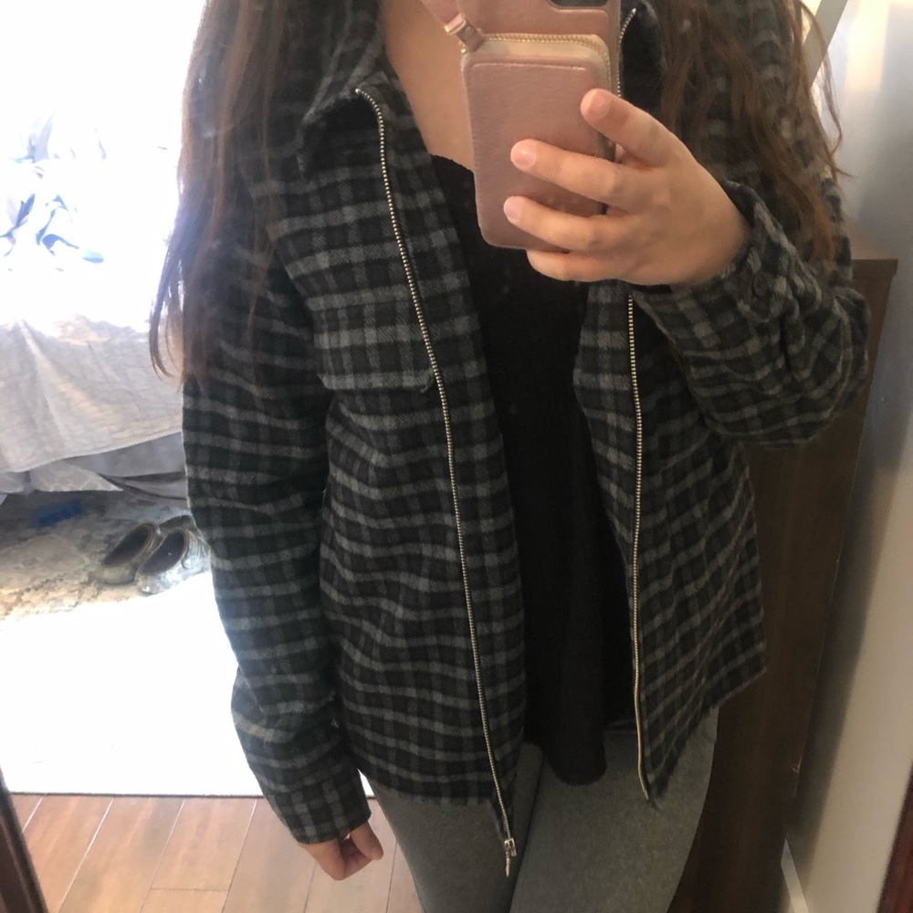 Black and grey fleece plaid jacket